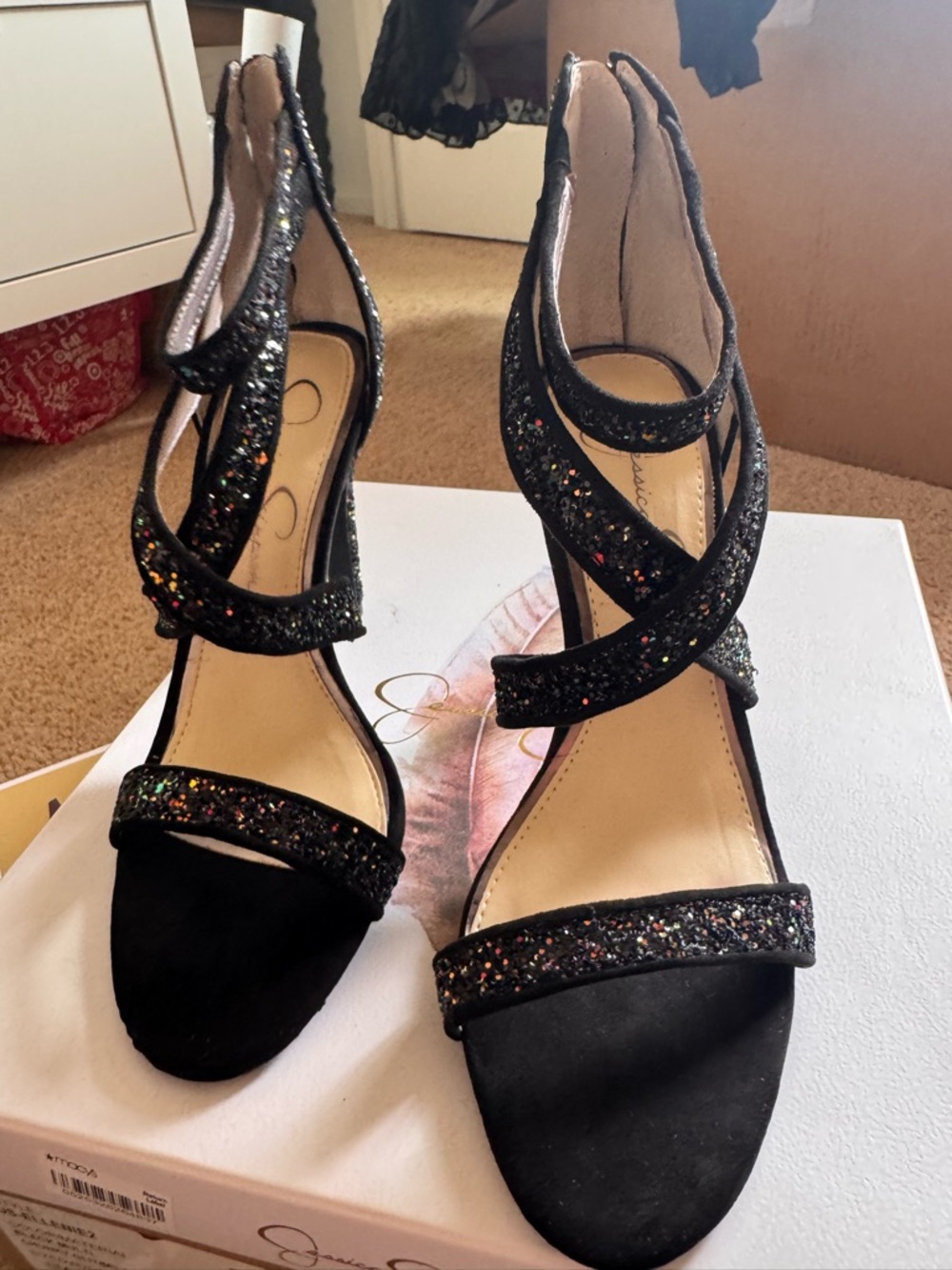 Jessica Simpson Black Glitter Strappy Heeled Sandals - Picture 5 of 7